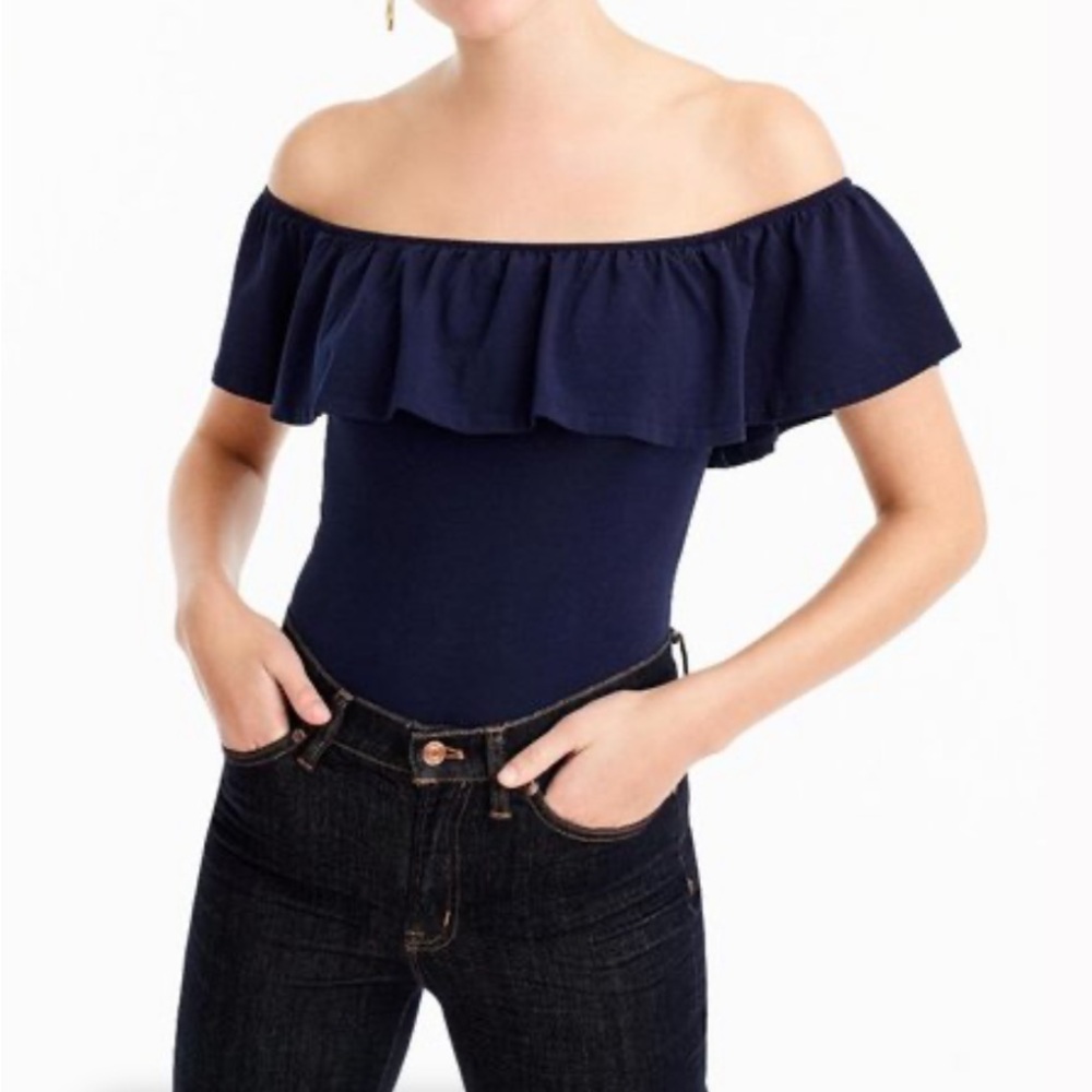 J. Crew Off-Shoulder Navy Ruffle Sweater